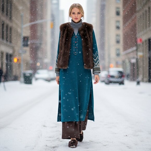 Beliza Teal Knit Ethnic Tunic Dress Metallic Thread, Boho Chic - Picture 6 of 13